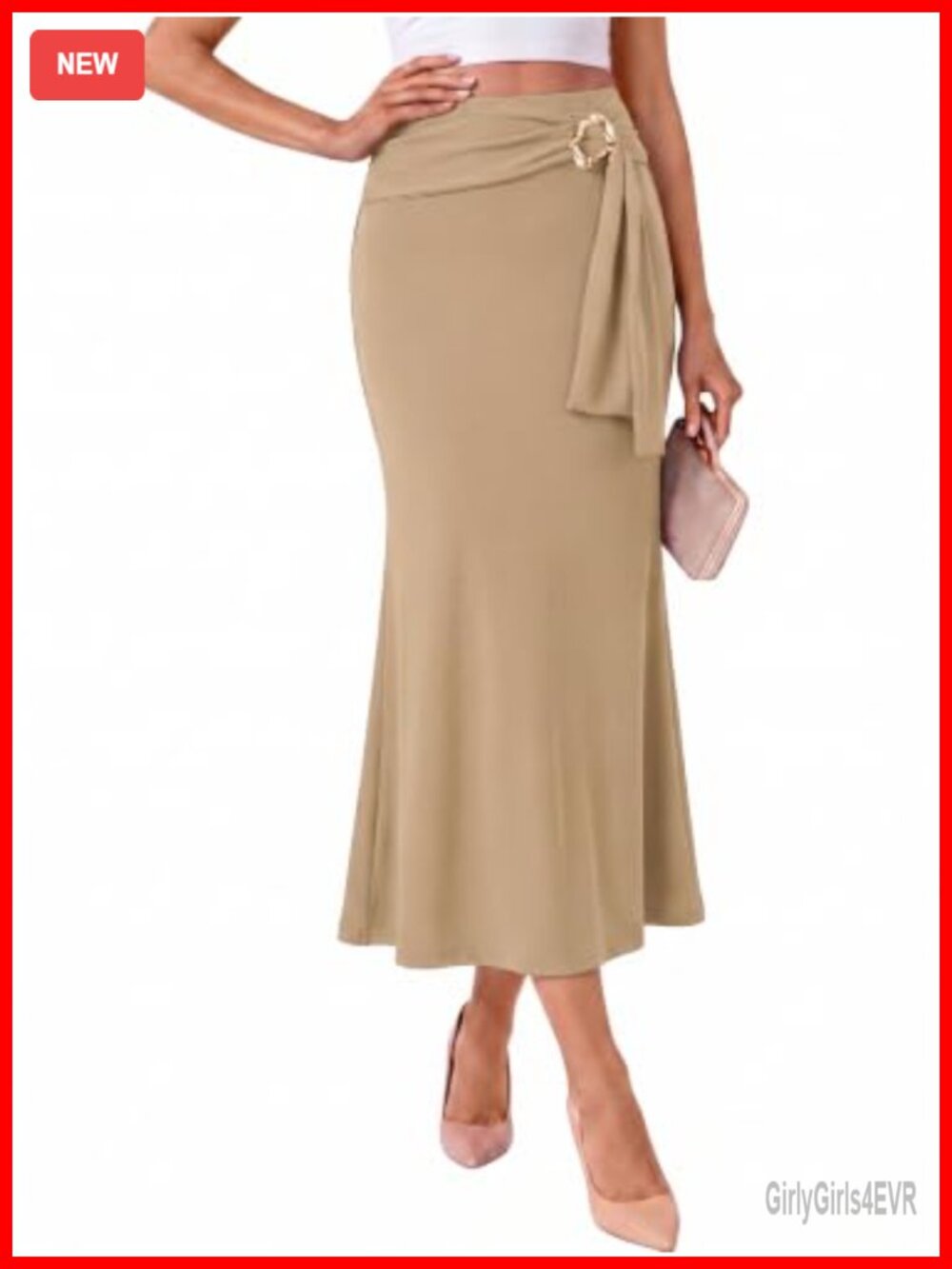 Stretch Wrap High Waist Midi Skirt Gold Buckle Back Slit